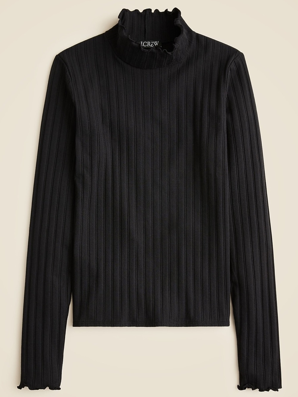 J. Crew Pointelle Black Ribbed Lettuce edge Mock Neck Sweater Size Small